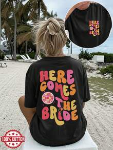 [Double-Sided Print] Women's Casual Summer Loose Fit T-Shirt, Vintage Disco Ball Ring Print "HERE COMES THE BRIDE", Round Neck, Short Length, Drop Shoulder, Pure Cotton Oversized T-Shirt, Elegant Party Outfit, T-Shirt For Elegant Ladies, Blouses Suitable For Curvy Women, Prom Skirts, Casual Wear - 黑色 - 查看 1