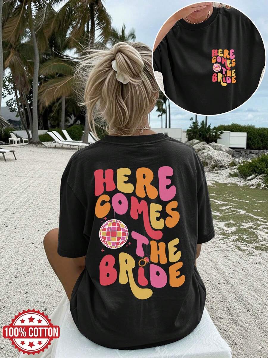 [Double-Sided Print] Women's Casual Summer Loose Fit T-Shirt, Vintage Disco Ball Ring Print "HERE COMES THE BRIDE", Round Neck, Short Length, Drop Shoulder, Pure Cotton Oversized T-Shirt, Elegant Party Outfit, T-Shirt For Elegant Ladies, Blouses Suitable For Curvy Women, Prom Skirts, Casual Wear - 黑色 - 查看 1
