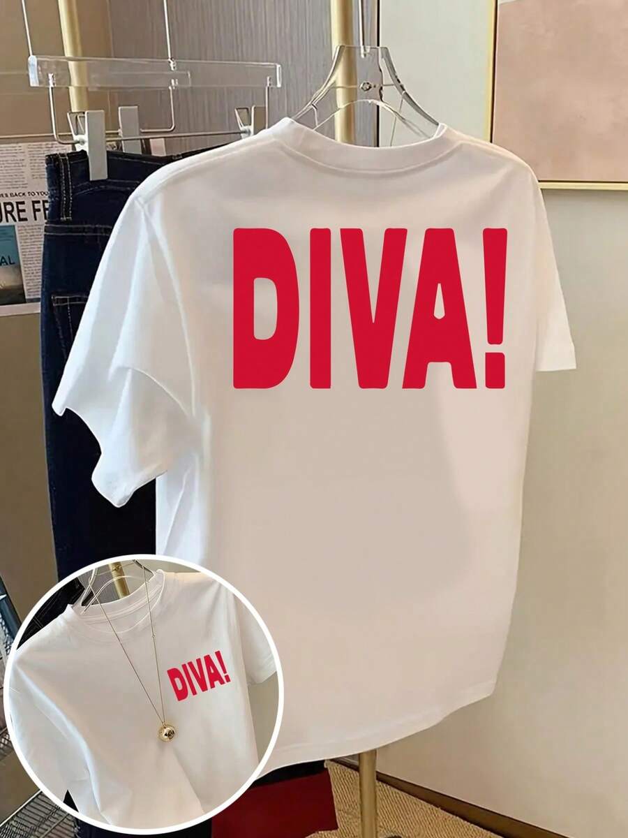 Short-Sleeved T-Shirt With Front And Back Print - DIVA, Queen's Fashion Print - Women's Print T-Shirt For Spring/Summer, Fashionable Item, Elegant Party Outfit, T-Shirt For Elegant Ladies, Blouses Suitable For Curvy Women, Prom Skirts, Casual Wear - 白色 - 查看 1