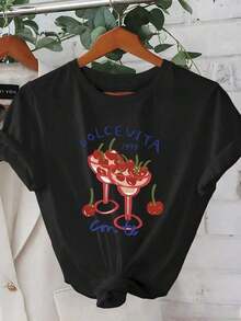 New Summer 2026, Creative Cherry Print T-Shirt, Elegant And Casual Korean Style For Spring-Summer - 黑色 - 查看 1