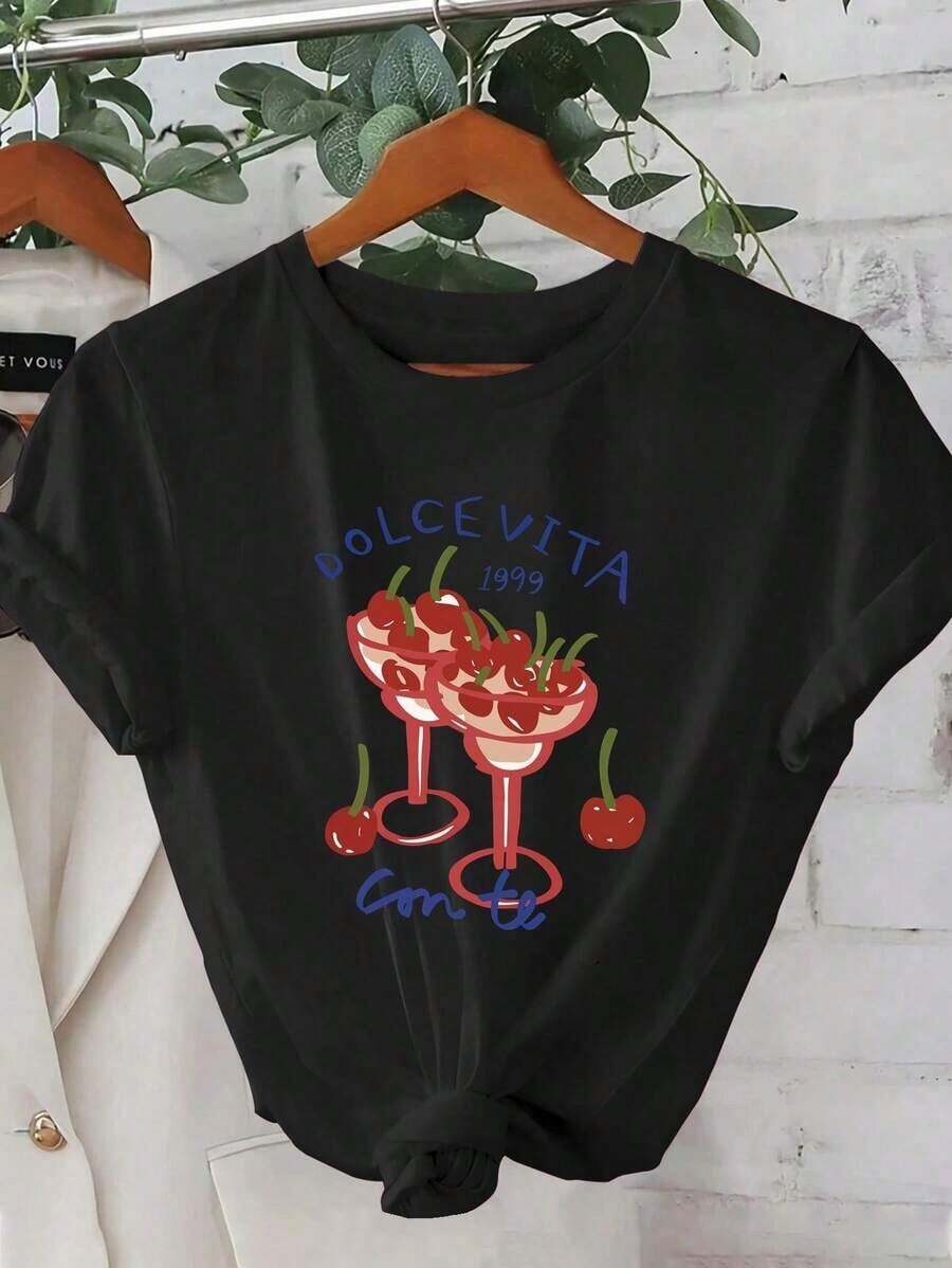 New Summer 2026, Creative Cherry Print T-Shirt, Elegant And Casual Korean Style For Spring-Summer - 黑色 - 查看 1