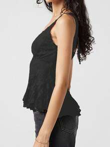 Women Summer Sleeveless Lace Floral Tank Tops V Neck Sheer Mesh Embroidered Ruffle Hem Tops Y2K Night Out Shirts - Black - View 2