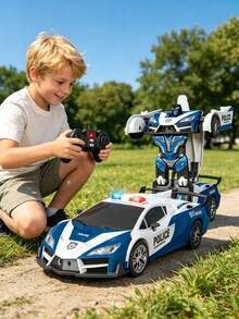 1pc Remote Control Police Car, Transforming Toy Car Robot, One-Key Transformation To Robot With Flashing Lights, Remote Control Car (Suitable For 3-6 Year Old Boys), 2.4GHz Remote Control Car, Remote Control Car That Can Transform Into Robot, Police Car With Lights, Supports 360° Rotation, Automatic Demonstration, 1:18 Scale Transforming Police Car Children's Toy, Transforming Remote Control Racing Car, Suitable For 3-4-5-6-7-8-9-10-11-12 Year Old Boys And Girls Children's Day Gift/Birthday Gift/Christmas/Halloween/Easter/Thanksgiving/Valentine's Day - Multicolor - View 2