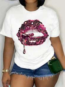 Lip Print T-Shirt, Short Sleeve, Round Neck, Casual Top, Summer And Spring, Women's Clothing, Women's T-Shirts - 白色 - 查看 6