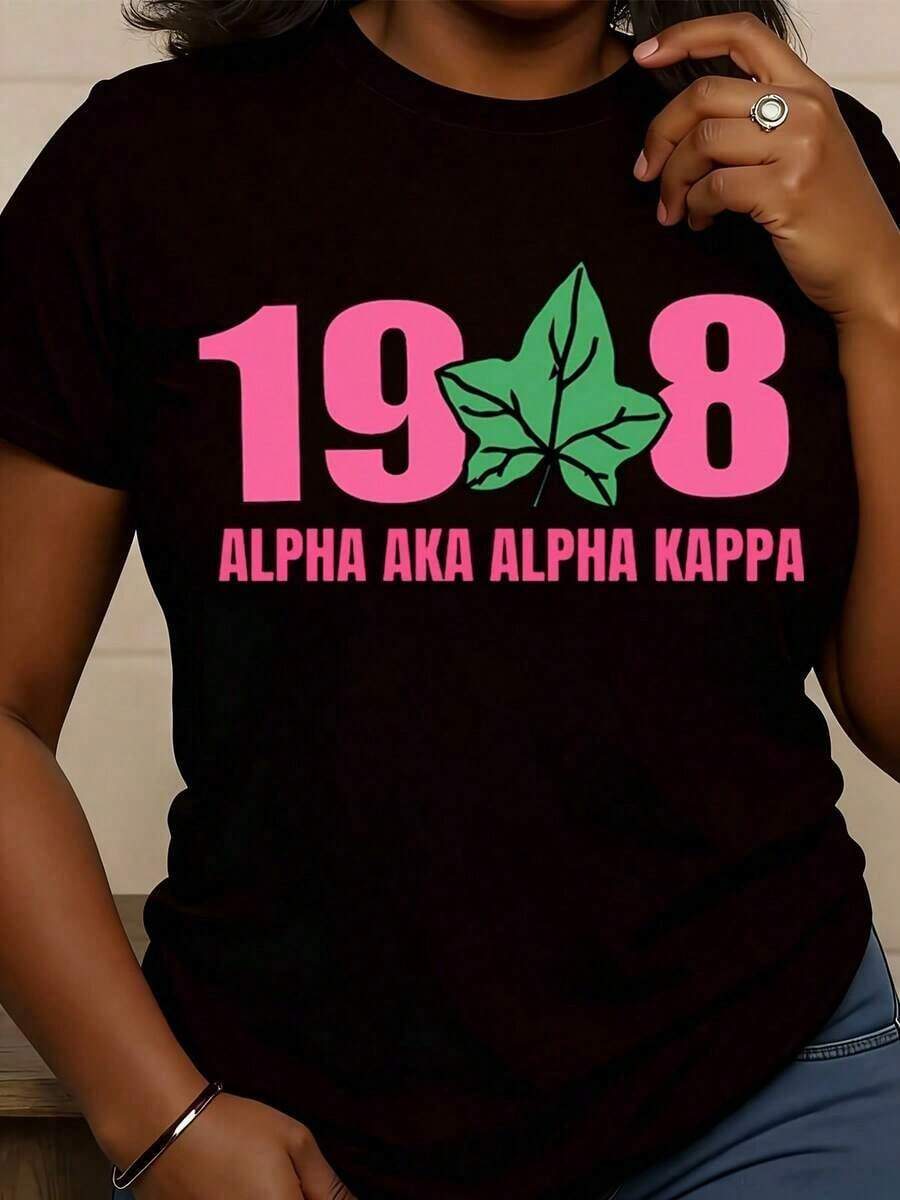 Women's Crew Neck T-Shirt, Model 198 Alpha Aka With A Leaf Design, Ideal For Spring And Summer. Perfect Gift For Sorority Members, Suitable For Summer And Fall Celebrations, An Ideal Gift For Patriots And Independence Day, And A Great Present For Friends And Family. - 黑色 - 查看 1