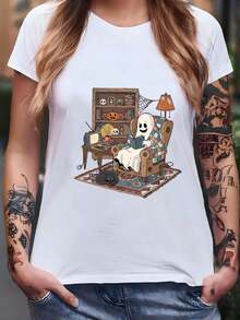 Women's Retro T-Shirt With Ghost Reading Books, Halloween Librarian Ghost, Ghost Lover T-Shirt, Halloween Teacher T-Shirt, Teacher Gift, Halloween School T-Shirt - 白色 - 查看 1