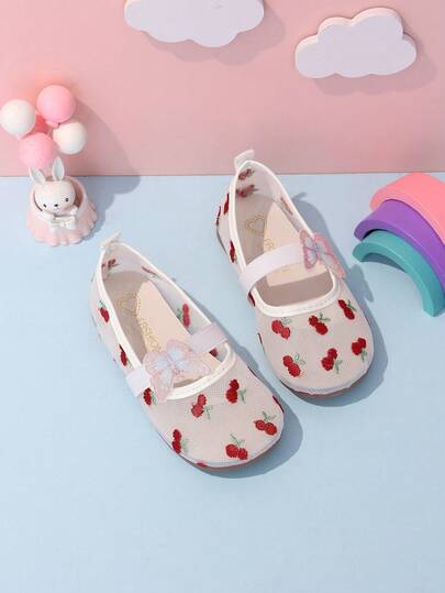 1 Pair Girls' Mesh Flat Shoes, Versatile White, Cute Cherry Embroidery, Shimmering Blue-Pink Gradient Butterfly Embroidery, Pastoral Cute Flat Sandals Suitable For Vacation, Outing, Matching Outfits