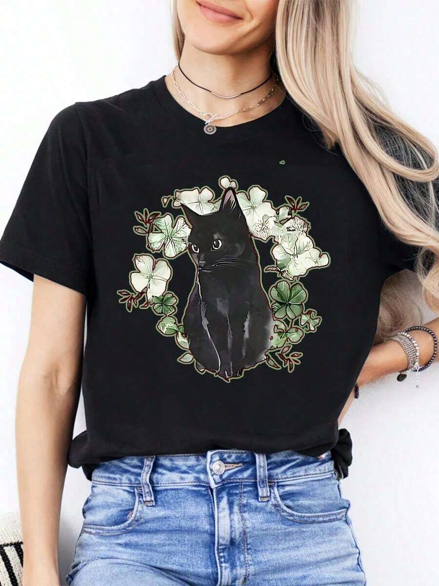 Men's Fashionable Casual T-Shirt With Round Neck For Women | Short Sleeve, Slightly Elastic Fabric, Floral Cat Print, Suitable For Daily Sports Wear, Ideal Gift For Friends And Family. - 黑色 - 查看 1