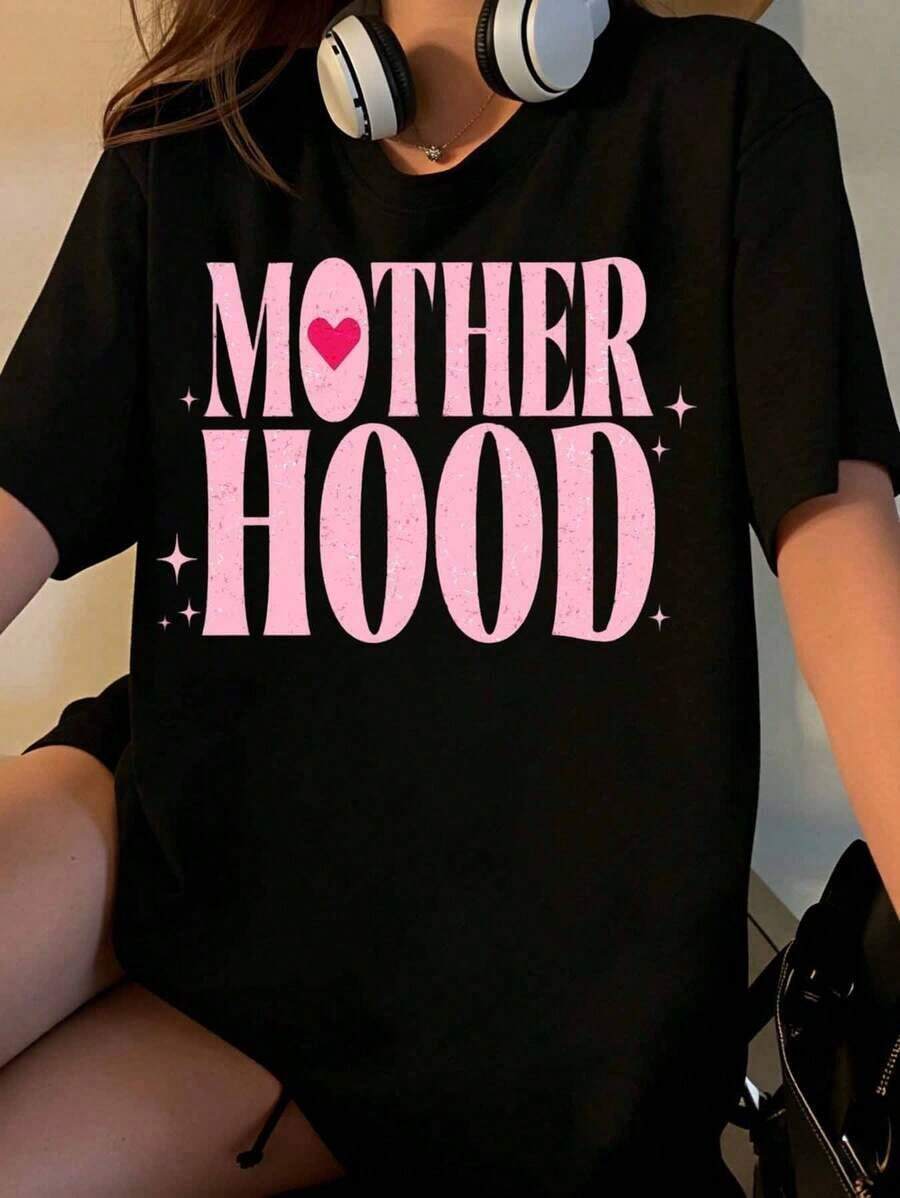 Women's Pink Heart Print T-Shirt, Casual Summer Style, Mother's Day Gift Idea, Soft Cotton Loose Fit T-Shirt - 黑色 - 查看 1