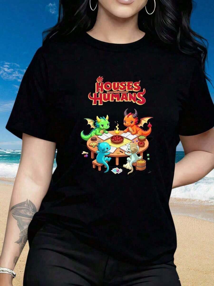 Women's T-Shirt, Vintage 90s House Of Humans T-Shirt With Anime Characters And Board Game Theme - Oversized Casual Style 180g Heavyweight With Anime Characters And Board Game Theme - Nostalgic Gaming Clothes For Adults (Washable) - Humorous Graphic Tees From House Of Humans For Men, Men's Clothing, Men's Shirts, Graphic Tees, Women's Clothing, Summer Tops, Summer Clothes - 黑色 - 查看 1