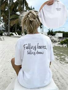 Women's Artistic Style Short-Sleeve T-Shirt, 100% Cotton, Loose Fit, With Hand-Lettered Slogan Print "Falling Leaves" Autumn, Breathable Casual Top, Summer Casual Art Clothing With Letter Prints,  Short-Sleeve T-Shirt For Adult Women For Summer Beach, Made Of Breathable Fabric, Suitable For Back To School Season, Outdoor Use, Ideal Gift. - 白色 - 查看 8