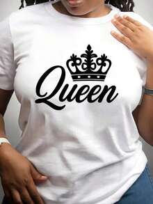 Women's Casual Short-Sleeved Sweater With A Crown Design And The Word 'Queen', Perfect For Spring And Summer Fashion, Versatile Short-Sleeved Top, Women's T-Shirts, Printed T-Shirt, Printed T-Shirts For Women, Summer T-Shirt, Casual T-Shirt, Summer Shirts, Tops, Summer Sets For Women, Comfortable Casual Short-Sleeved Round Neck T-Shirt, Elegant Blouses For Ladies. - 白色 - 查看 7