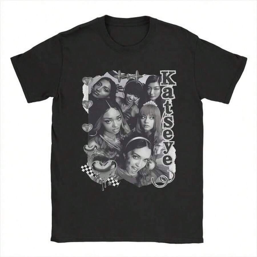 Katseye Tribute T-Shirt _Chromes Hearts Group Collage_, Suitable For Girl Group Fans, Comfortable Fit, Women's Blouses, Casual Blouses For Ladies, Informal Blouses For Ladies, Women's Tops, Tops, Unisex. - 黑色 - 查看 1