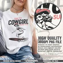 Salty Cowgirl Surf Club, Coastal Cowgirl T-Shirt Graphic In PNG, Western Style Summer Digital Design, Printable Beach Cowgirl Graphic, Digital - 白色 - 查看 2