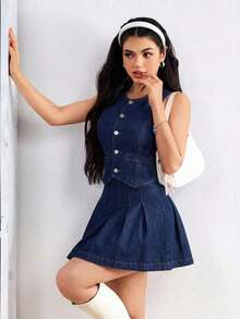 Vestido de mezclilla mini con plisados sin mangas y de estilo de moda para mujer, verano - Azul lavado oscuro 2 - Ver 5