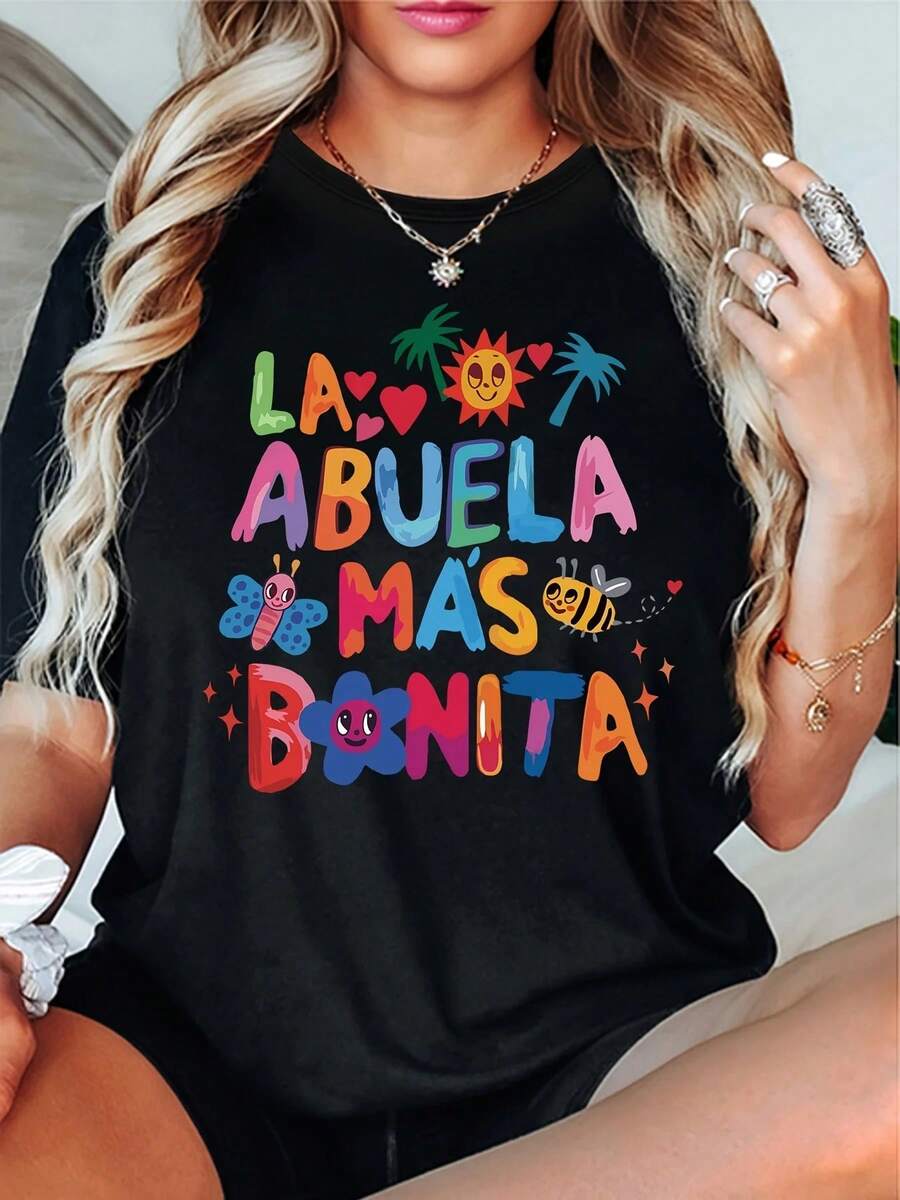 Women's Casual T-Shirt With Coconut Tree Print And Colorful Lettering - Short Sleeve Crew Neck Top, Elastic, Soft Polyester Blend - Vintage Urban Style, Unisex, Loose Fit, Cotton, Crew Neck And Short Sleeve - 黑色 - 查看 1
