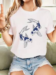 Koi Fish Print T-Shirt For Everyday Wear, Round Neck, Short Sleeve, Harajuku Style, Aesthetic Casual Clothing, Vintage Urban Style, Unisex, Loose Fit, Cotton - 白色 - 查看 3