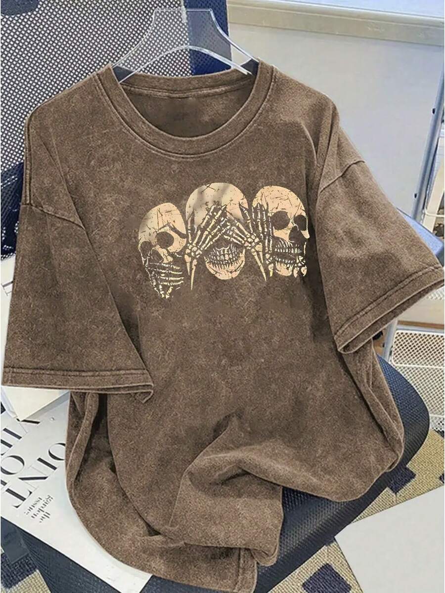 A Women's Modern Print Washed Cotton T-Shirt - 230g Thick Cotton, Urban Vintage Style, Round Neck, Short Sleeves, Machine Washable, Suitable For Casual Wear In Spring And Summer, A Unique Loose-Fitting T-Shirt For Women. - 咖啡色 - 查看 1