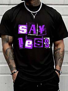 Camiseta Gráfica de Color Morado "Say Less Purple" 100% Algodón, Camiseta de Manga Corta para Hombre de Verano - Negro - Ver 1