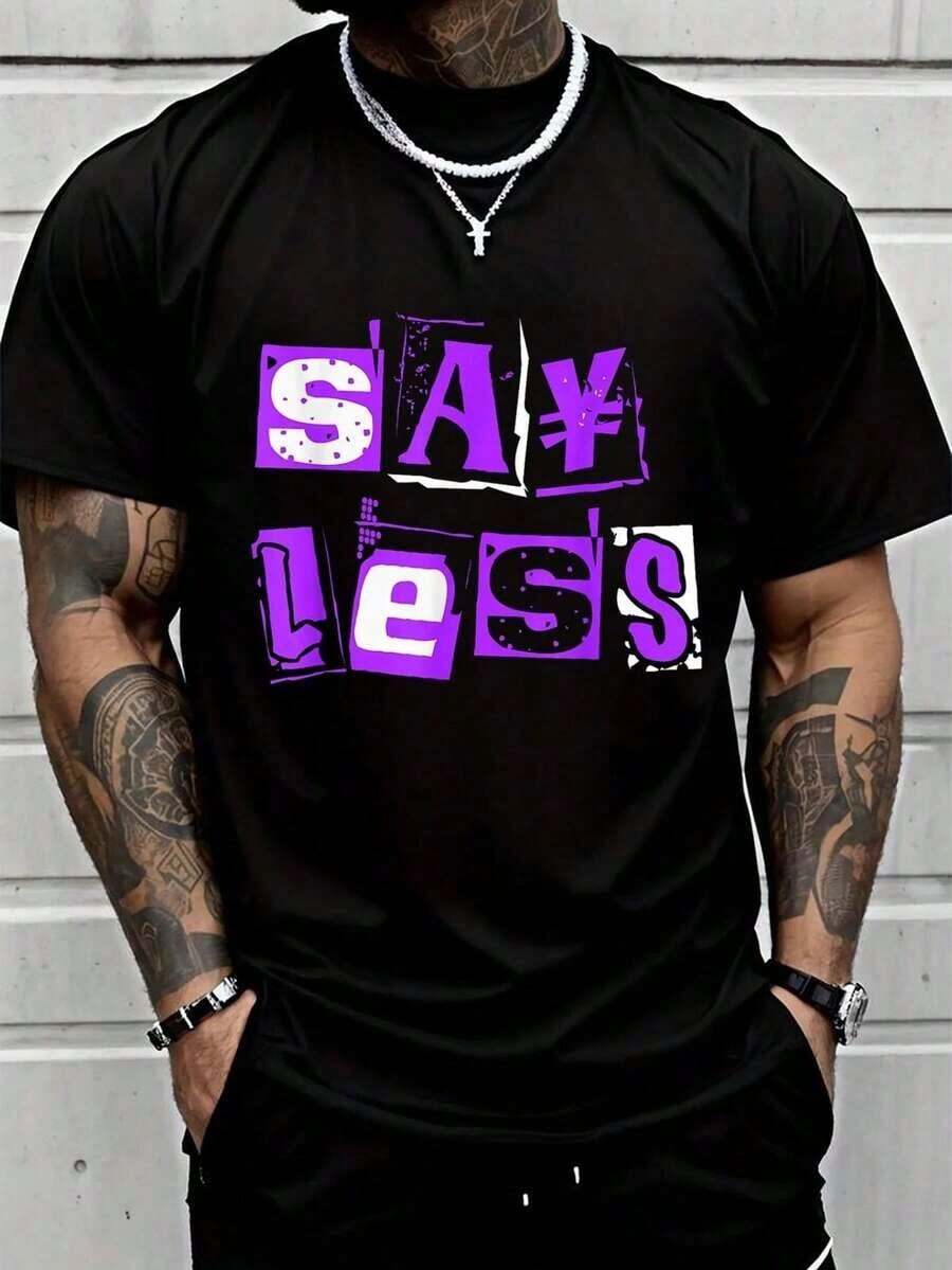 Camiseta Gráfica de Color Morado "Say Less Purple" 100% Algodón, Camiseta de Manga Corta para Hombre de Verano - Negro - Ver 1