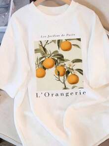Women's Casual Summer T-Shirts, Cotton, With Fresh Orange Print, Round Neck, Soft And Comfortable, Short Sleeve, Fashionable Urban Clothing For Women - 白色 3 - 查看 1