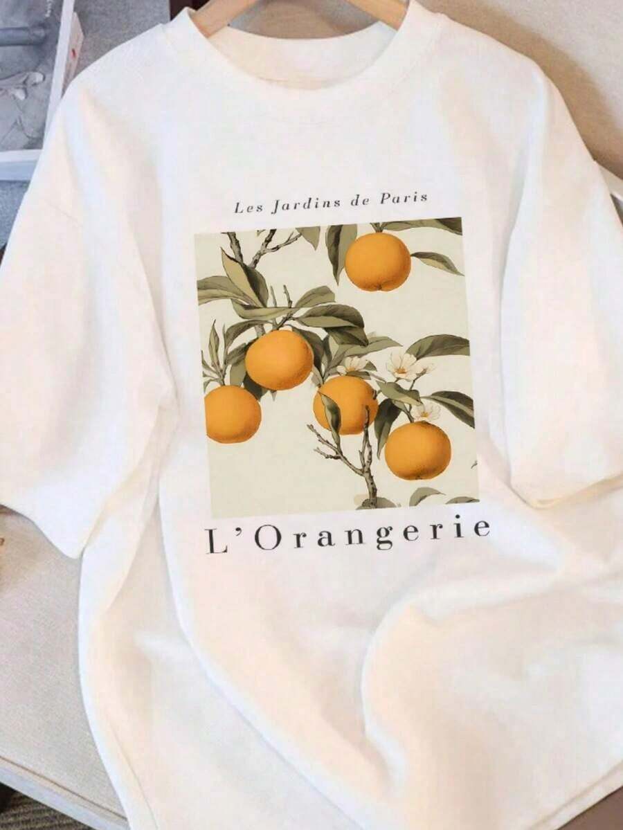 Women's Casual Summer T-Shirts, Cotton, With Fresh Orange Print, Round Neck, Soft And Comfortable, Short Sleeve, Fashionable Urban Clothing For Women - 白色 3 - 查看 1