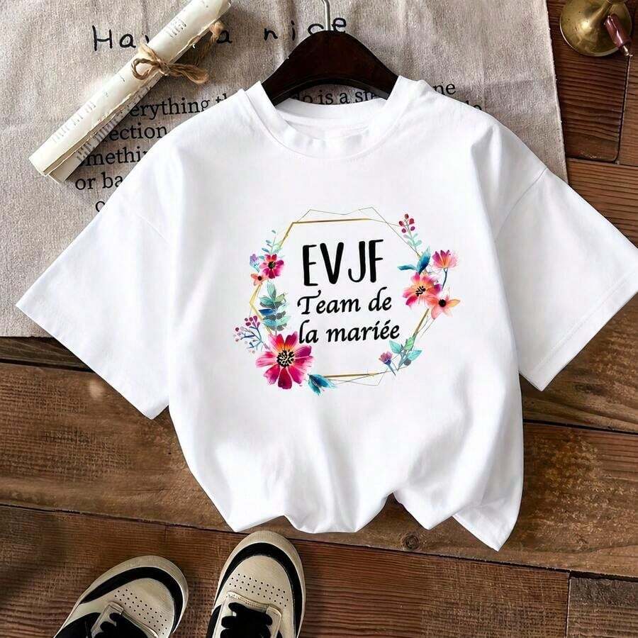 GiftWomen's EVJ Team De La Mariée Casual Round Neck T-Shirt With Floral Print - Green With Colorful Flowers, Short Sleeve, All Seasons Wear, Perfect For Weddings Or Casual Outfits, Soft - 白色 - 查看 1
