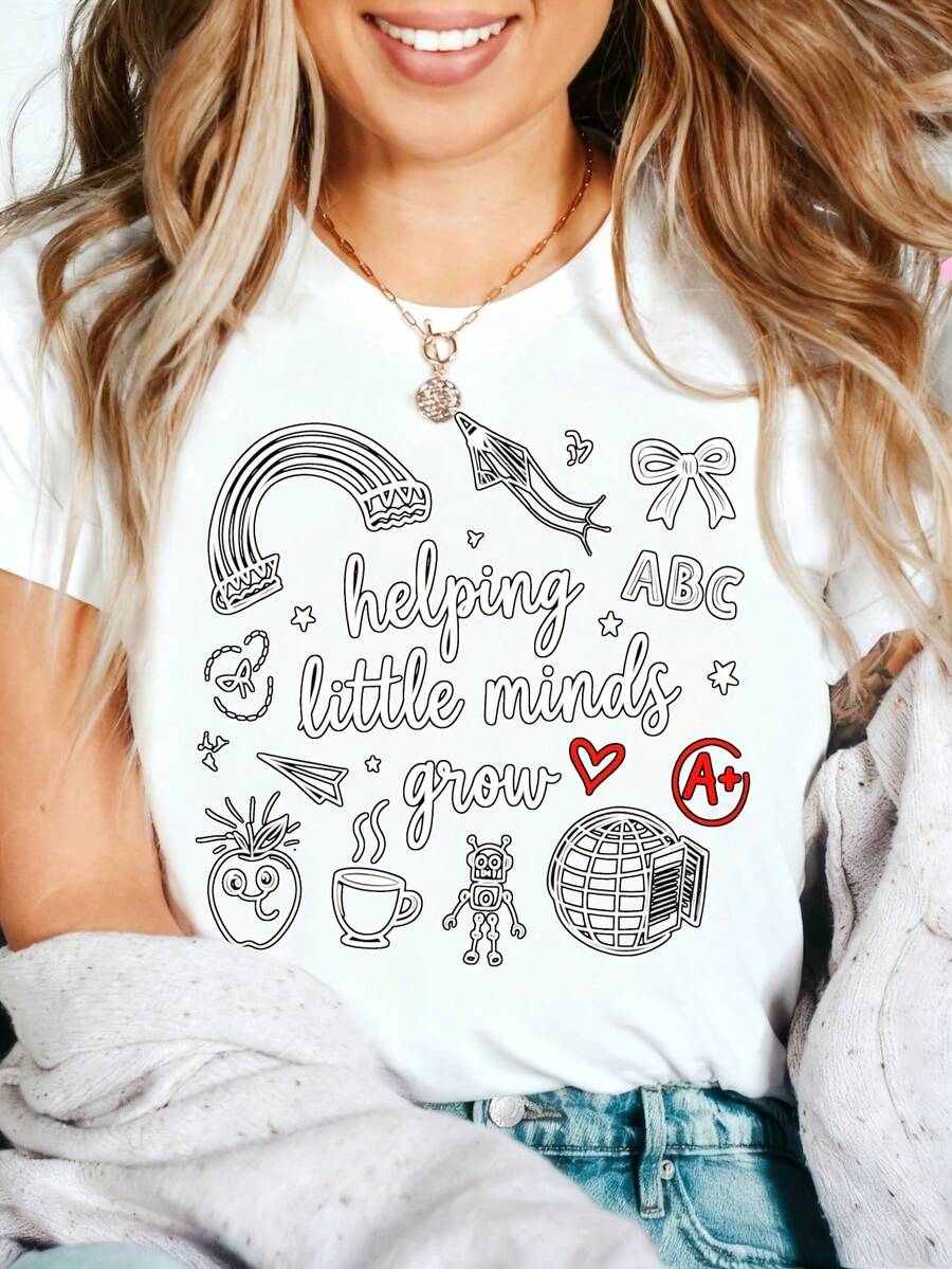 Heartfelt Teacher Appreciation Graphic T-Shirt 100% Cotton Oversized Soft Breathable Casual Crewneck Short Sleeve Top Thank You Teacher Best Teacher Educator Gift Teachers Educators School Staff Gift Givers Cute Aesthetic - 白色 - 查看 1