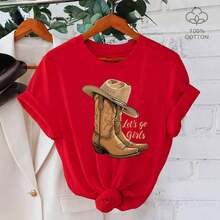 Women's Graphic Tee With Boots And Cowboy Hat - 100% Cotton, Short Sleeve, Crew Neck, 'Let's Go Girls' Print, Casual Loose Fit, Soft - 紅色 - 查看 1