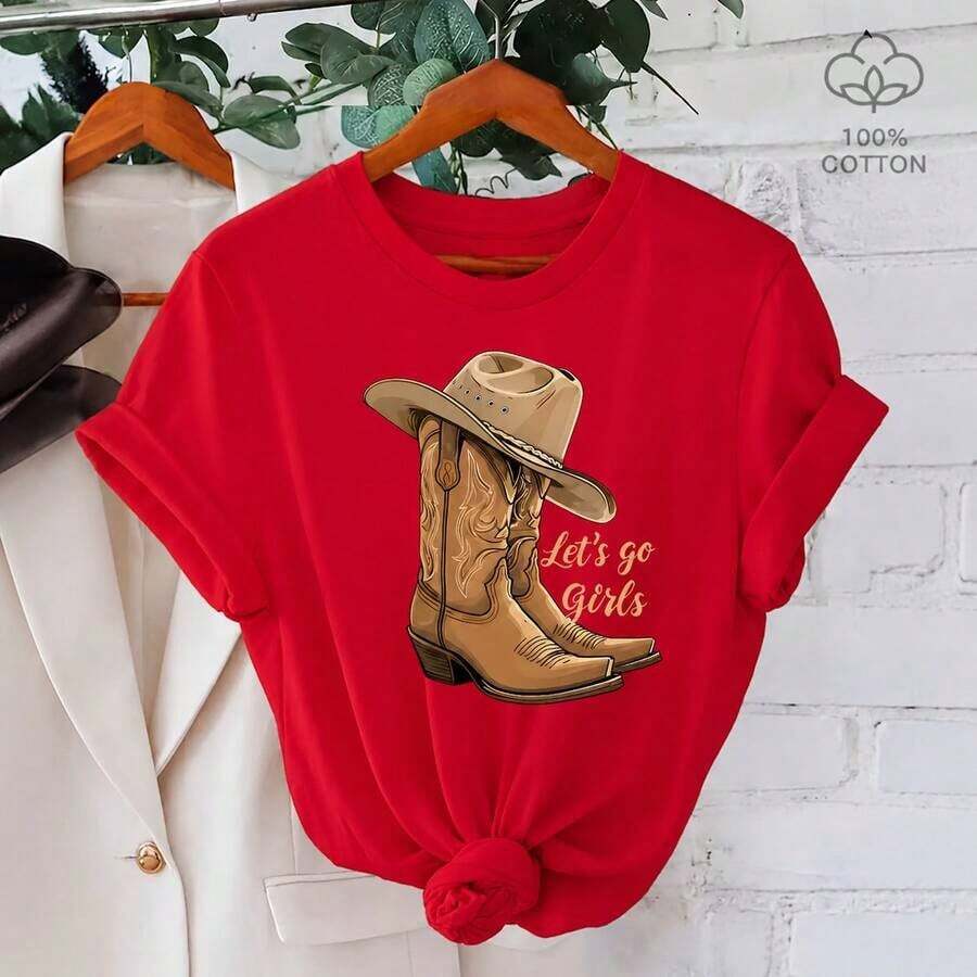 Women's Graphic Tee With Boots And Cowboy Hat - 100% Cotton, Short Sleeve, Crew Neck, 'Let's Go Girls' Print, Casual Loose Fit, Soft - 紅色 - 查看 1