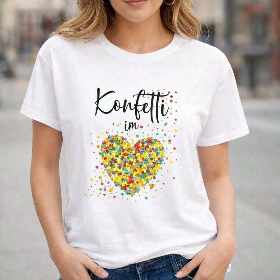 Women's Confetti Heart Print Cotton Cami, Sizes, Casual Graphic Cami, Short Sleeve Crew Neck, Soft And Breathable Cotton Blouse, Loose Fit Everyday Top, Colorful Confetti Design Cami For Women. - 白色的 - 查看 1