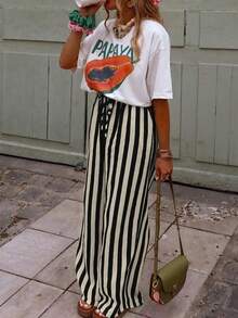 Casual Chic Minimalist Striped Textured Design Loose Fit Everyday Versatile Striped Pants Black - Black - View 2