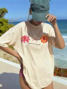 Women's Summer T-Shirt With Floral Petal And Letter Print, Round Neck, Casual And Versatile Style, Suitable For Holidays And Summer Wear - 彩色 - 查看 1