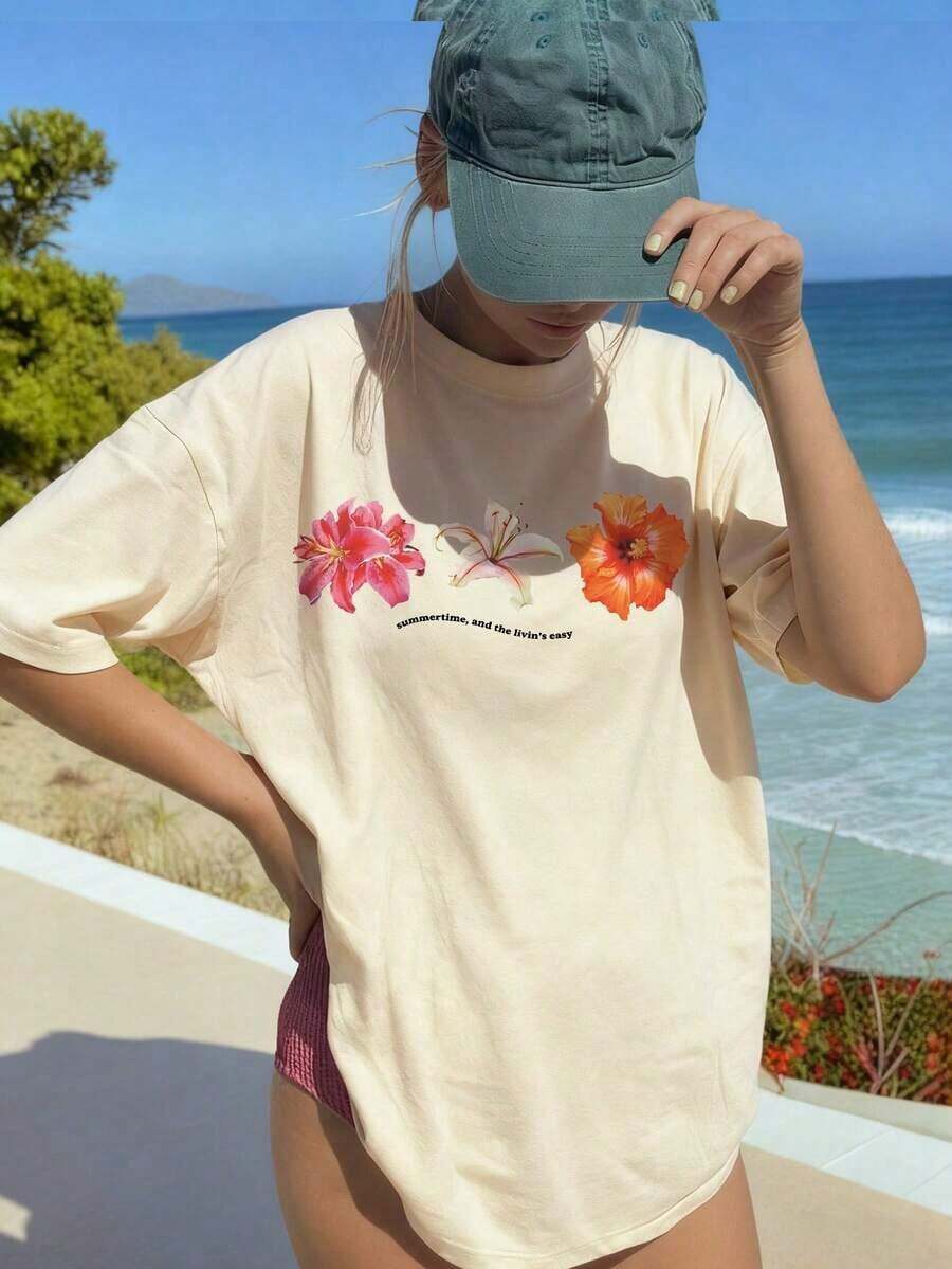 Women's Summer T-Shirt With Floral Petal And Letter Print, Round Neck, Casual And Versatile Style, Suitable For Holidays And Summer Wear - 彩色 - 查看 1