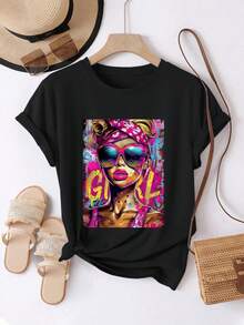 Women's Short-Sleeved, Round-Neck T-Shirt, Comfortable And Casual, With A Modern Printed Design And Vibrant Colors, Ideal For Everyday Fashion In Spring And Summer - 黑色 - 查看 1