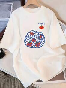 Women's Short-Sleeved T-Shirt, Stylish And Beautiful, With A Cartoon Tomato Design On A Mesh Bag, Cute And Fresh Style, Comfortable And Skin-Friendly, Casual Top For Daily Wear - Unisex, Suitable For Casual Daily Outings, Short-Sleeved Summer Top, Retro T-Shirt With Y2K Print. - 白色 - 查看 6