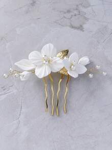 1pc Handmade Ceramic Flower & Leaf Faux Pearl Beaded Elegant Hair Comb, Suitable For Wedding, Daily Wear, Vacation - Gold - View 3