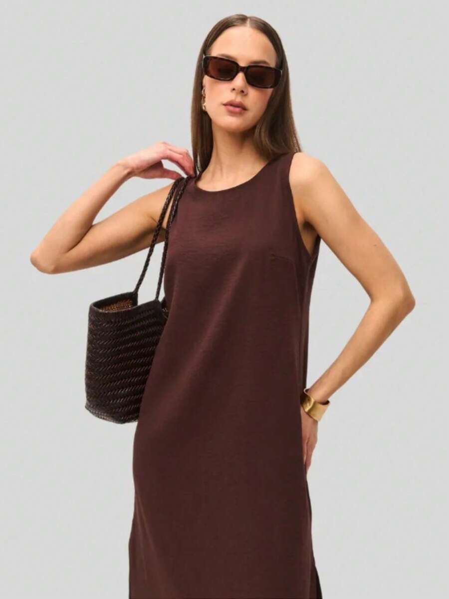 Sleeveless Dress With Round Neck And Zipper, Elegant Summer Style 2026 For Women - Brown - View 1