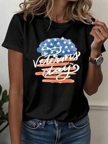 Women's Soft Graphic T-Shirt, Casual Sports Tee, Crew Neck, Veterans Day Commemorative Tee, Watercolor Flag, Handwritten Font, Festive Outfit, Veterans Day Theme, Comfortable All-Season Top, 100% Cotton - 黑色 - 查看 6