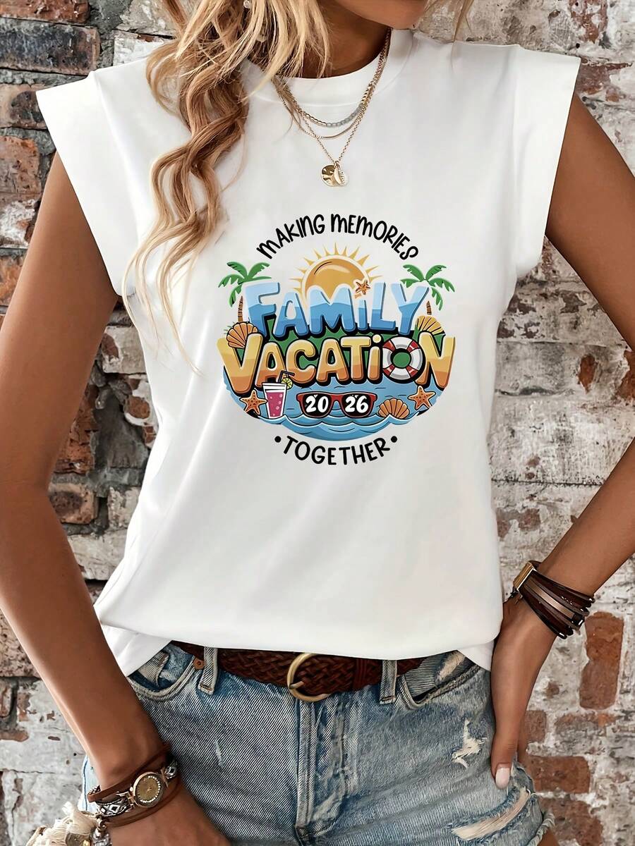 2026 Family Vacation Creating Memories Together Women's Casual Short Sleeve Round Neck Graphic Print Beach T-Shirt, Women's Clothing, Casual Printed Short Sleeve Round Neck T-Shirt, Spring/Summer Local Urban Fashion. - 白色 - 查看 1