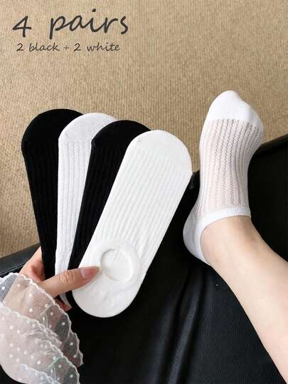 4 đôi tất nữ màu đen trắng trơn, chất liệu lưới thoáng khí, chống trượt, kiểu dáng cơ bản phù hợp cho đi làm hàng ngày, phối được mọi mùa, thiết kế tối giản phù hợp cho học sinh và nhân viên văn phòng, chất liệu thoải mái, món quà tuyệt vời cho các dịp lễ.