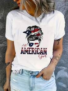 Women's Casual Sports T-Shirt With Graphic All - White Elastic Round Neck T-Shirt, Machine Washable, Comfortable Fit And Suitable For All Seasons, Chic And Patriotic Style. - 白色 - 查看 1