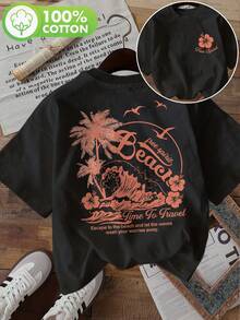 | Exquisite Design | Loose And Comfortable | Easy To Match | [Double-Sided Print] Women's Summer Casual T-Shirt, Vacation Style, Coconut Tree Print, Ocean Wave, Beach, Round Neck, Short Sleeve Pure Cotton [LangK] - 黑色 - 查看 1