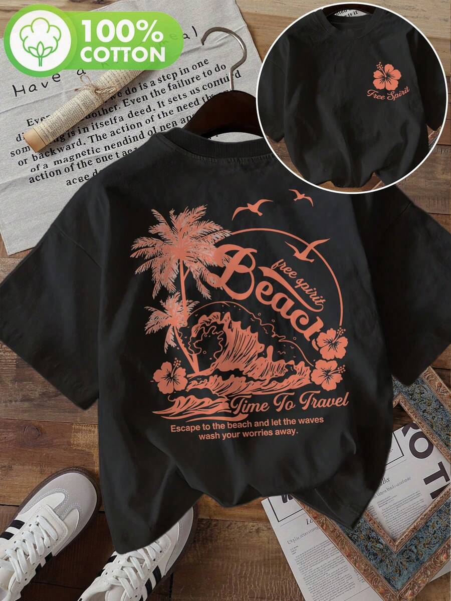 | Exquisite Design | Loose And Comfortable | Easy To Match | [Double-Sided Print] Women's Summer Casual T-Shirt, Vacation Style, Coconut Tree Print, Ocean Wave, Beach, Round Neck, Short Sleeve Pure Cotton [LangK] - 黑色 - 查看 1
