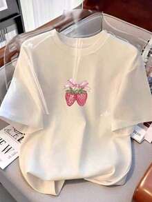 1 pieza Camiseta estampada de mujer con cuello redondo y diseño de lazo de fresa, 180g, 100% algodón - Blanco - Ver 10