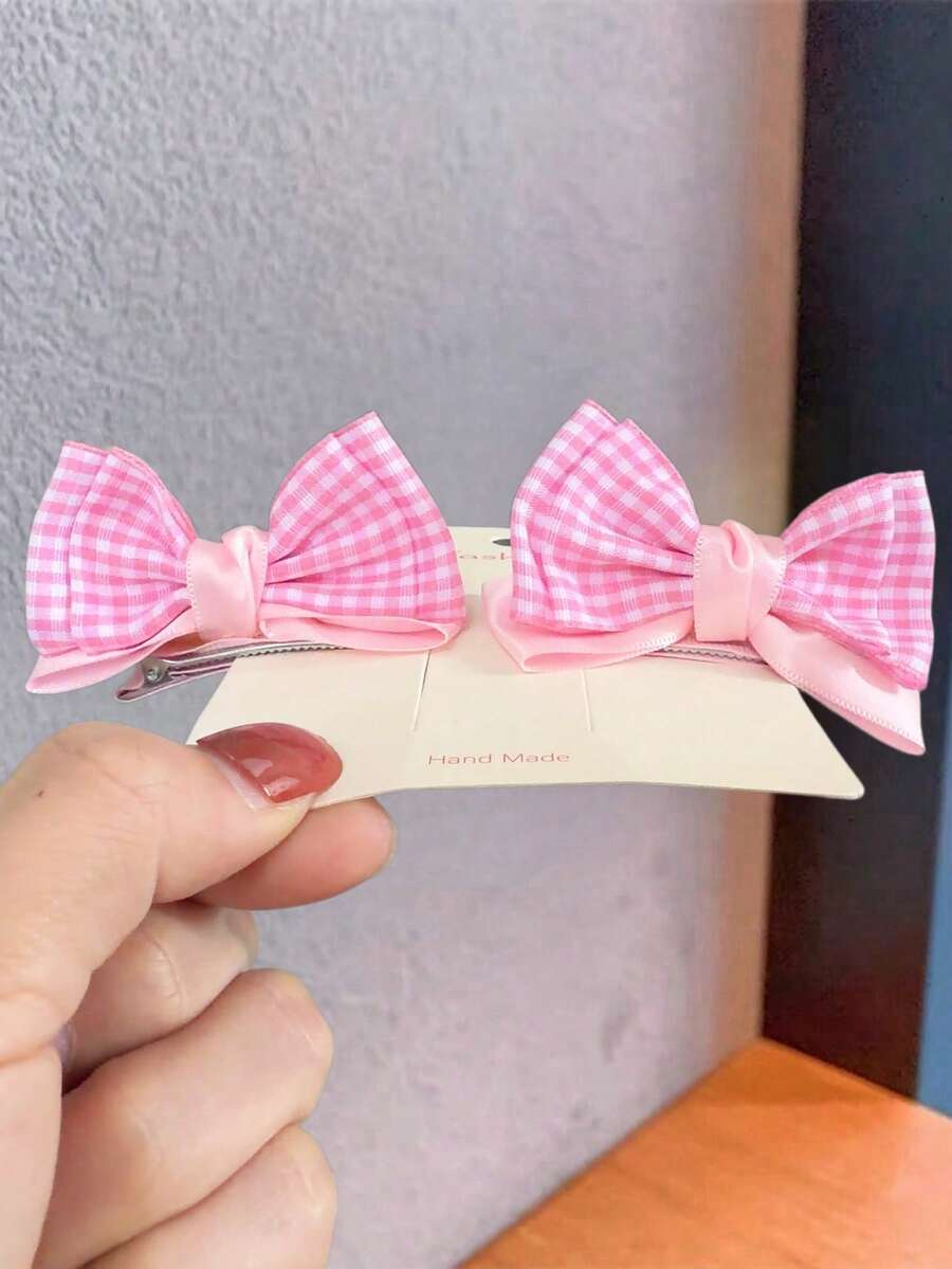 2pcs Girls Casual Simple Plaid Dual-Tone 3D Bow Hair Clips Suitable For Daily Wear And Back To School Season - Pink - View 1