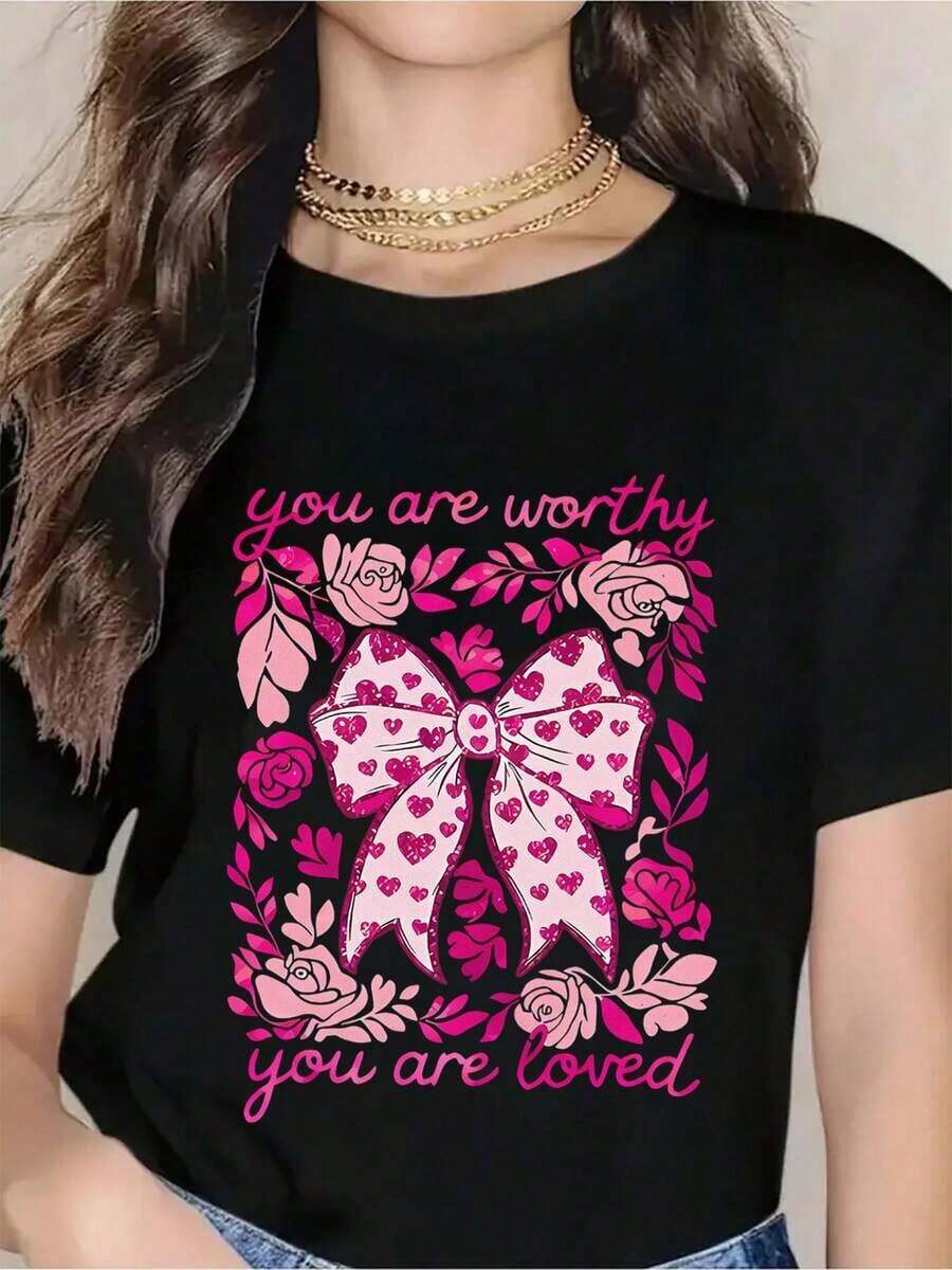 Women's T-Shirt "You Are Worthy, You Are Loved" With Pink Bow And Roses Design For Women And Girls, Valentine's Day Gift, Motivational T-Shirt - 黑色 - 查看 1
