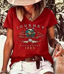 Women's Vintage T-Shirt With 1980s "Journey Departure" Print, Casual Style, Short Sleeve, New Summer And Autumn Collection, Comfortable, Round Neck, Unisex, Suitable For Casual Daily Outings, Short Sleeve Summer Top, Retro T-Shirt With Y2K Print. - 紅色 - 查看 4