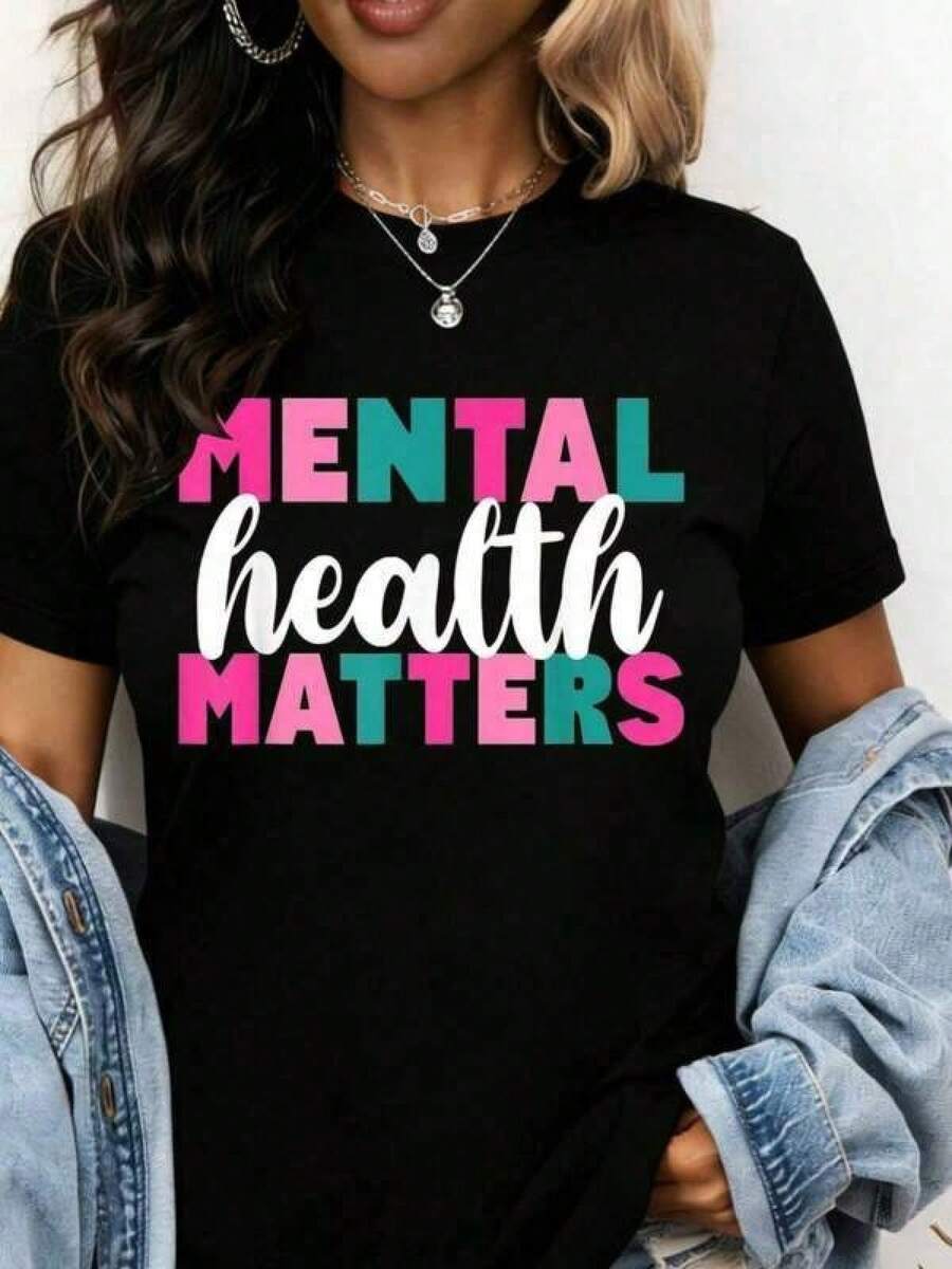 Plus Size Cotton Graphic T-Shirt, Women's Mental Health Awareness T-Shirt, Unisex Casual Graphic T-Shirt For Daily Wear And Self-Care Promotion, Y2K Style, Men's Oversized T-Shirt, Summer T-Shirts, Women's Casual Printed T-Shirt, Short Sleeve And Round Neck, Spring/Summer Local Urban Fashion. - 黑色 - 查看 1