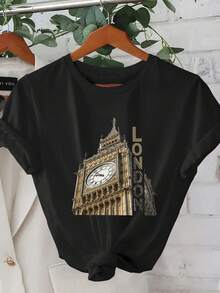 Women's Printed T-Shirt, Casual, Holiday Wear, Short Sleeve, Round Neck, Spring/Summer, Machine Washable, New Women's Clothing, Versatile For Going Out, Suitable For Sports. - 黑色 - 查看 1